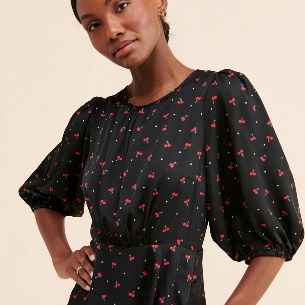 ✨ Anthropologie Louche Cherry Print Midi Dress Fits US XS 2–4 Lined | Pockets - Picture 4 of 14